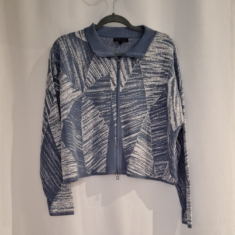 Sarah Pacini Steele Blue and White Abstract Zip Up Knit Jacket